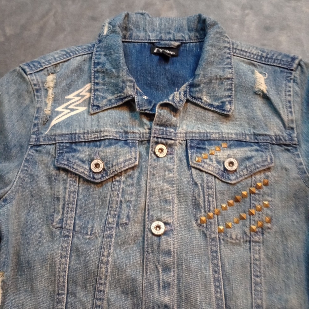 Art Class Denim Jean Jacket Youth Girls Sz Large Blue‎ Studded Distressed Guitar